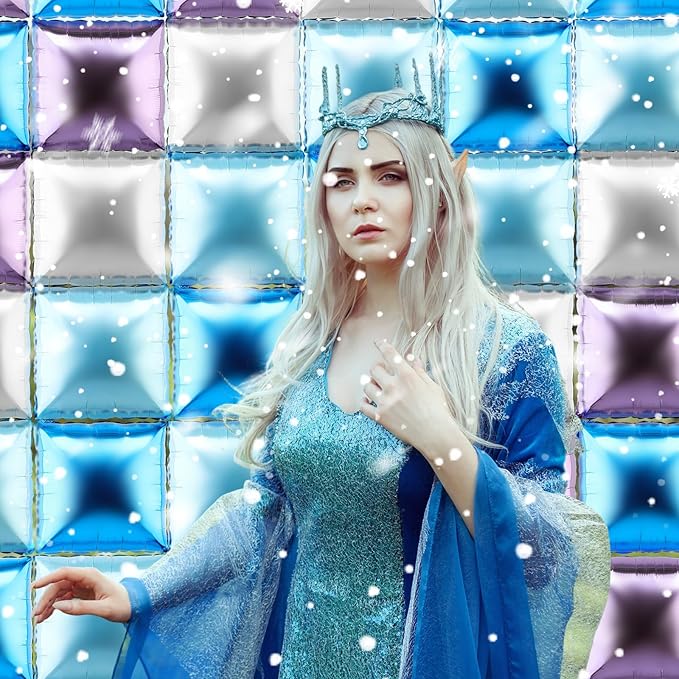 36 Pcs Winter Birthday Party Decorations Balloons Princess Snowflake Blue Purple Silver Brick Square Foil Balloon Wall Arch Kit Backdrop Double Sided Metallic Cartoon Party Supplies