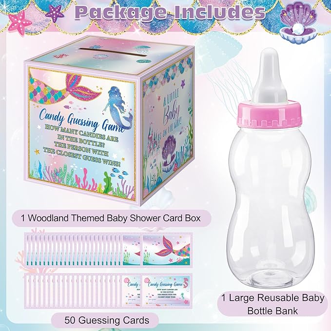 Glenmal 52 Pcs Baby Shower Games Gift Sets Large Baby Bottle for Shower Game Guess How Many Candies Decorations for Gender Reveal(Mermaid)