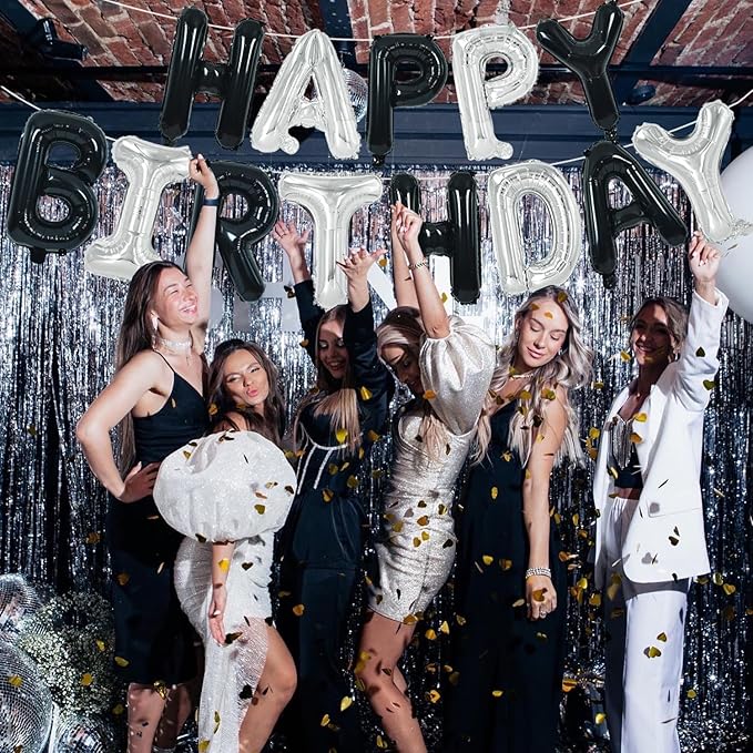 TONIFUL Happy Birthday Balloons Banner with Ribbon Straw, 16 Inch Mylar Letters Birthday Sign Banner Balloon Bunting Reusable for Girls Boys Kids & Adults Birthday Halloween Supplies（Black Silver）