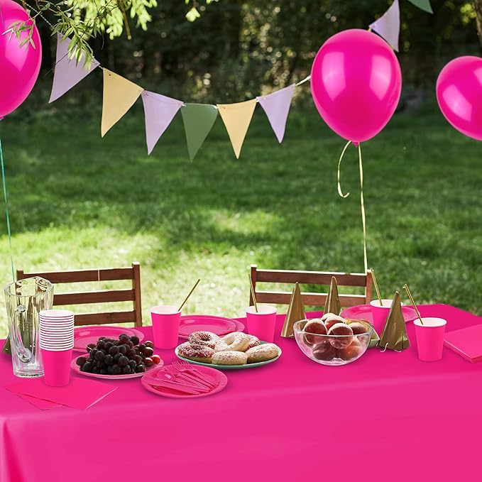 ADXCO 169 Pieces Hot Pink Party Supplies Include Paper Plates Cups Napkins Forks Knives Spoons Waterproof Tablecloth Complete Tableware for Party Decorations