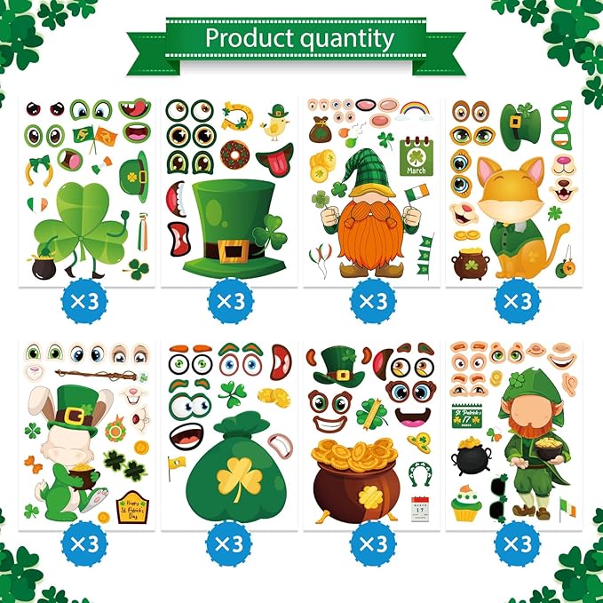 24 Sheets St. Patrick's Day Stickers, Make a Face Sticker for Kids Make Your Own Lucky Shamrock Irish Stickers St. Patricks Day Craft Party Favor Decorations