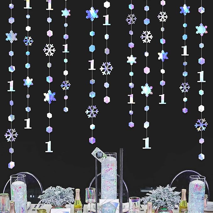 52Ft Winter Onederland Birthday Decorations Iridescent Snowflakes 1st Holographic Paper Snowflakes Garland Streamer for Winter Wonderland Christmas Frozen Snowflake First Birthday Party Supplies