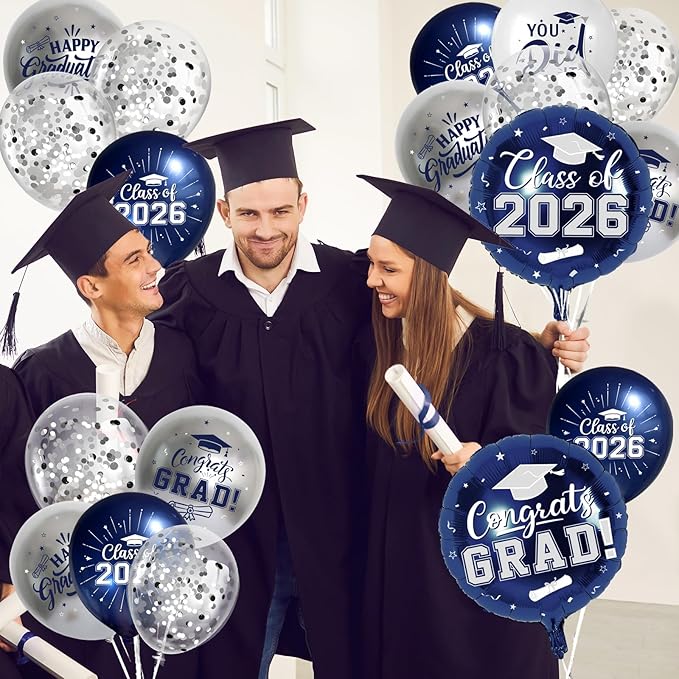 Navy Blue and Silver Graduation Balloons Graduation Decorations 2026, 51Pcs Grad Latex Balloons and Grad Foil Balloon with Confetti Ribbons Grad Party Decorations for College High School