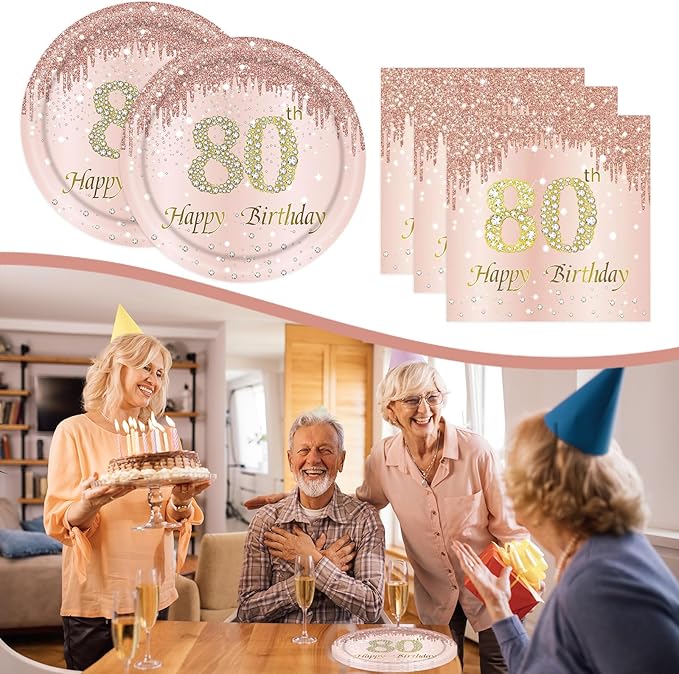 80th Rose Gold Birthday Plates and Napkins, 9 Inch Pink Rose Gold Disposable Dinner Dessert Plates Happy 80th Birthday Party Supplies Decorations for Girls Women