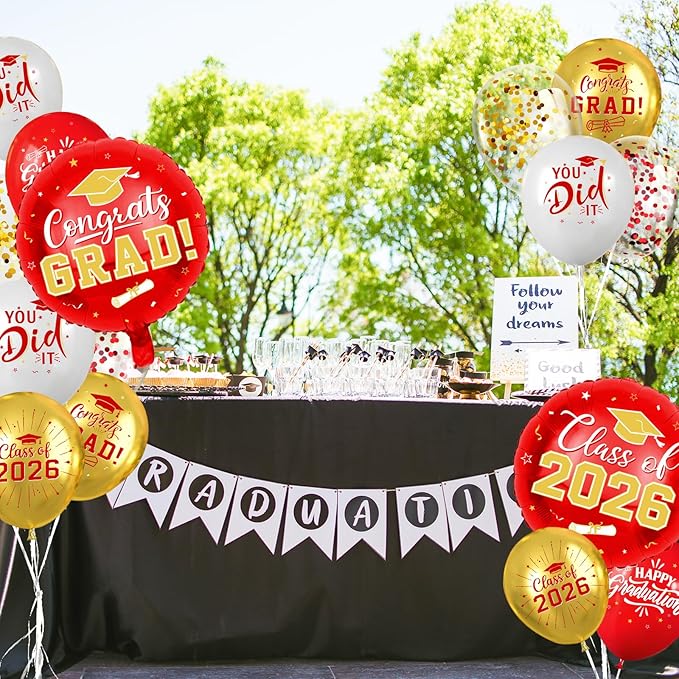 Red and Gold Graduation Balloons Graduation Decorations 2026, 51Pcs Grad Latex Balloons and Grad Foil Balloon with Confetti Ribbons Grad Party Decorations for College High School