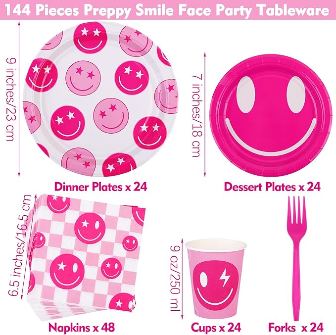 durony 144 Pieces Preppy Birthday Decorations Pink Smile Face Tableware Set Preppy Smile Plates Cups Napkin and Forks for Bachelorette Smiley Face Birthday Party Supplies
