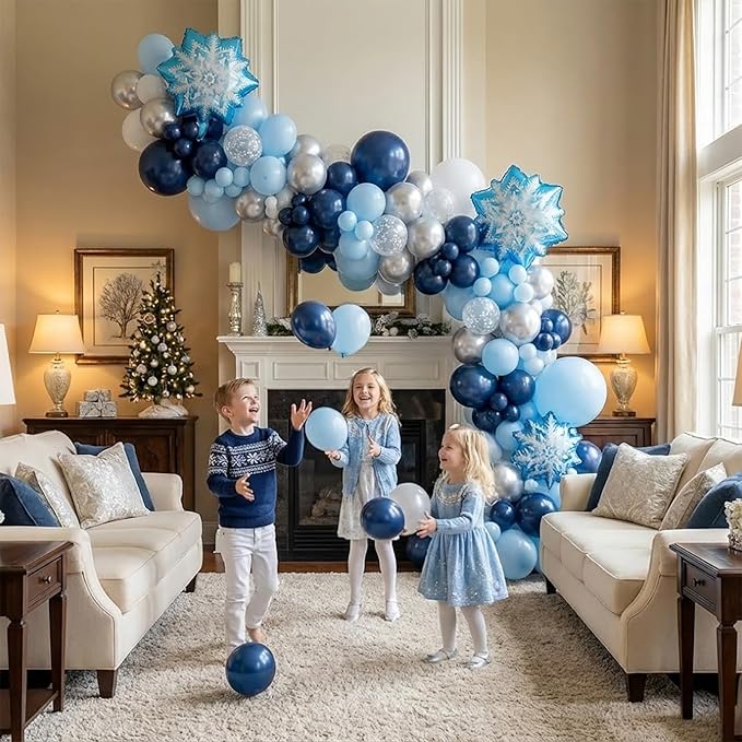 Winter wonderland balloon garland arch kit 140pcs Navy Blue White Silver with mylar snowflake star balloons for winter 1st birthday Boy baby shower snow queen Merry Christmas theme party decorations