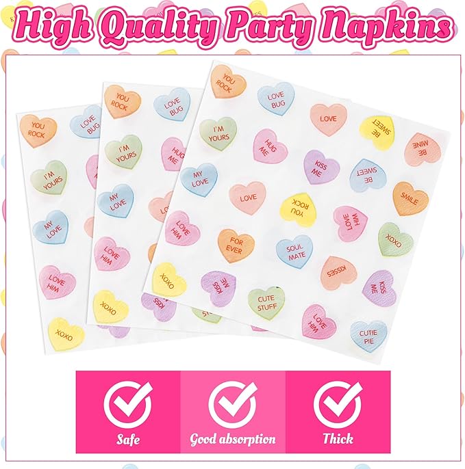 Conversation Heart Valentine's Day Candy Party Plates Supplies - Serves 24 - 96Pcs Party Tableware Decoration Disposable Paper Plates Napkins Forks for Valentine Birthday Wedding