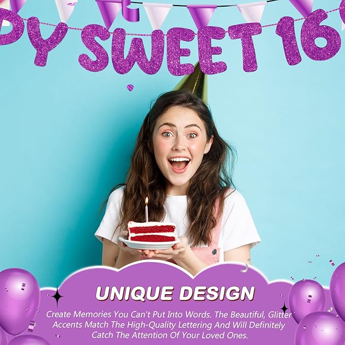 Fulmoon Pre Strung Happy Sweet 16 Banner Glitter Sixteenth Birthday Party Decorations 16th Party Sign Sweet 16 Party Decorations for Birthday Party Bachelorette Party(Dark Purple)