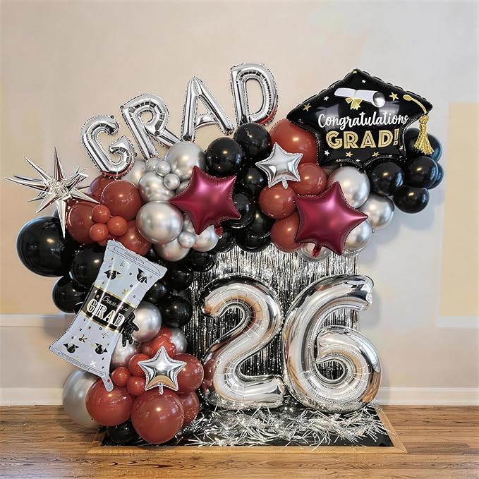 Red Graduation Balloons Garland Arch Kit, 115PCS Red Black Silver Graduation Star Print Cap Certificate Grad Foil Balloon with Silver Explosion Star Balloon for Graduate Class of 2026 Prom Party Decor