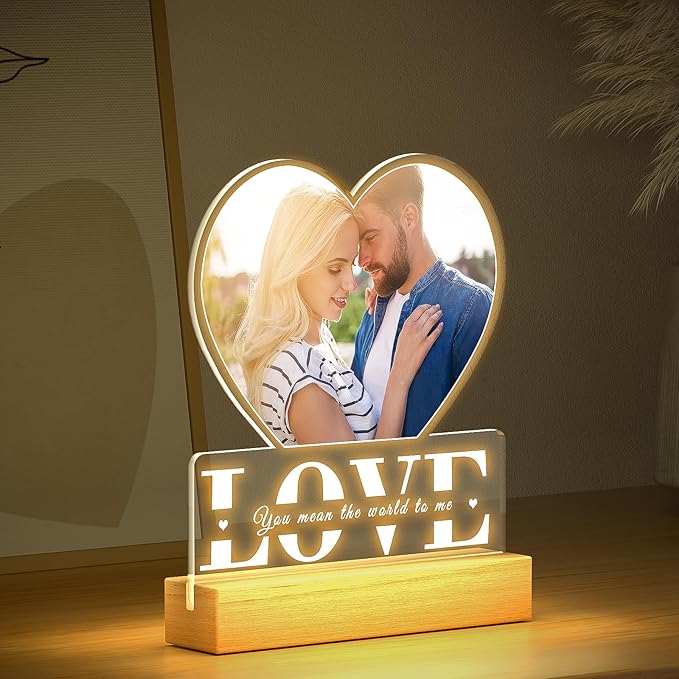 Personalized Picture Frame with Photo, Custom Photo Frame with Night Light, Customized Gifts for Girlfriend Boyfriend, Personalized Anniversary Couple Gifts for Women Men Her Him Wife