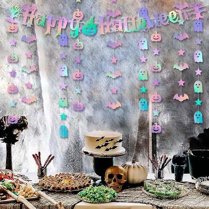 Iridescent Happy Halloween Party-Decorations Banner - 8Pcs Hanging Streamers Garland,Bat Ghost Pumpkin Ceiling Outdoor Indoor Wall Decor Party Props,Porch Room Scary Supplies Hugtmr