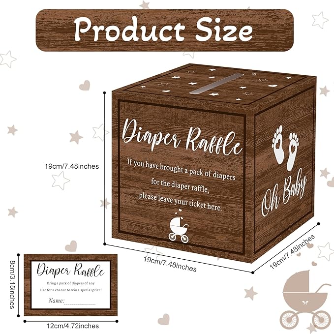 Funrous 51 Diaper Raffle Tickets with Box for Baby Shower Game Invitations Diaper Raffle Card for Gender Reveal Baby Shower Party Decoration Table Centerpiece(Dark Brown)