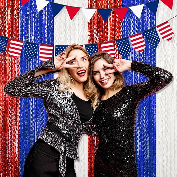 4 Pack White Blue Red Wave Foil Fringe Curtain Backdrop, 3.28Ft x 8.2Ft Metallic Tinsel Foil Fringe Streamer Curtains for Photo Booth, Mother's Day, Easter, Birthday, Wedding Party Decoration