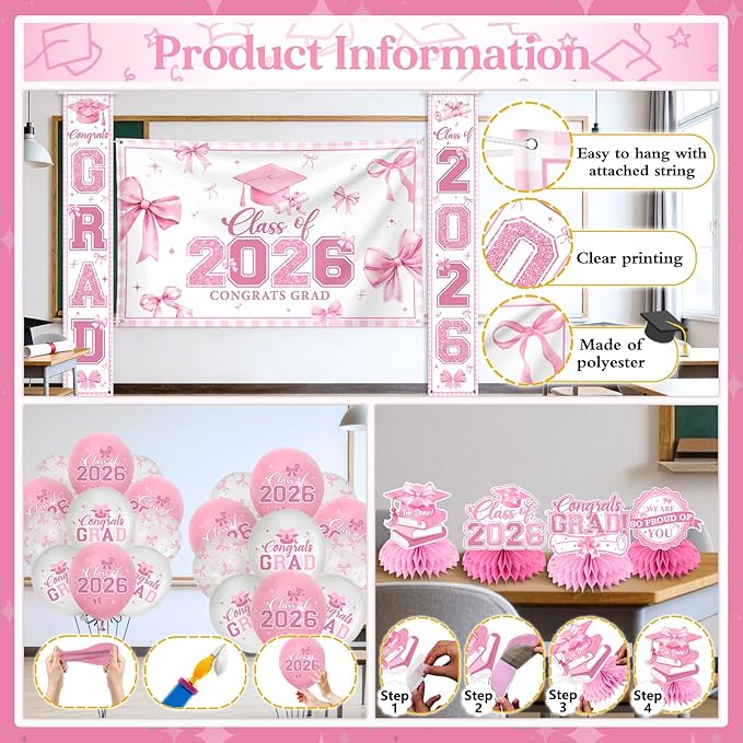 Pink Bow Graduation Decorations 2026 Set, All-in-1 Coquette Kit with Congrats Grad Banner Class of 2026 Backdrop Porch Sign Balloons Centerpieces Card Box Pom Poms Streamers for College High School