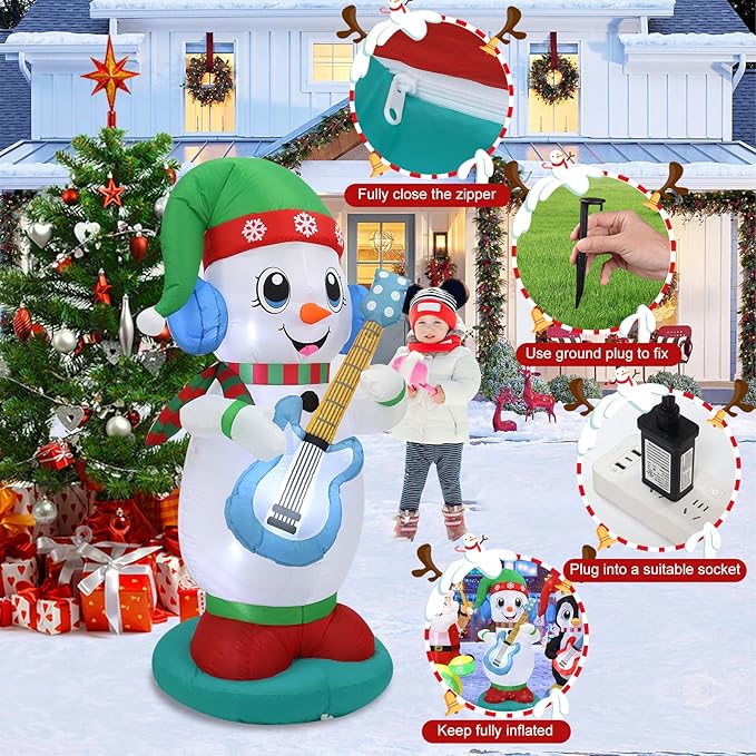 6ft Christmas Inflatable Outdoor Decorations, Snowman Playing Guitar Inflatable Patio Decorations with LED Lights for Indoor Outdoor Patio Garden Christmas Decorations