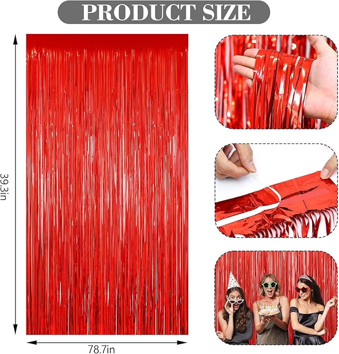 2 Pack Red Foil Fringe Curtains, 3.3ft x 6.6ft Streamer Foil Curtain, Tinsel Backdrop for Birthday Party, Christmas Decor, Wedding Engagement Baby Shower Valentines Day Decorations