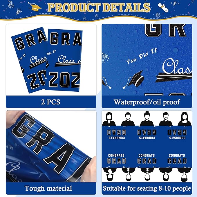 OHOME Graduation Decorations 2026 - Graduation Party Decorations 2026 - Disposable Plastic Blue Tablecloth for Class of 2026 Decorations Party Favors Supplies Banner,54" X 108",2 Pack