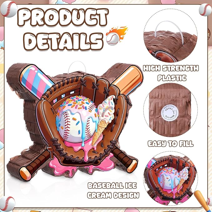 Jexine Ice Cream Drip Baseball Piñata Set Ice Cream Sport Party Supplies Fiesta Piñata Bundle with Blindfold Bat Stick for Summer Sport Baseball Drip Birthday Party Event Supplies Decor