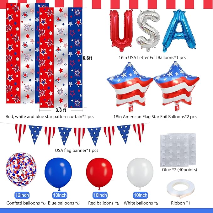 Red White and Blue Balloons Party Decorations with Patriotic Theme Foil Fringe Curtain for Graduation Party Supplies Nautical Veterans Memorial Day 4th of July Balloon Arch Decorations