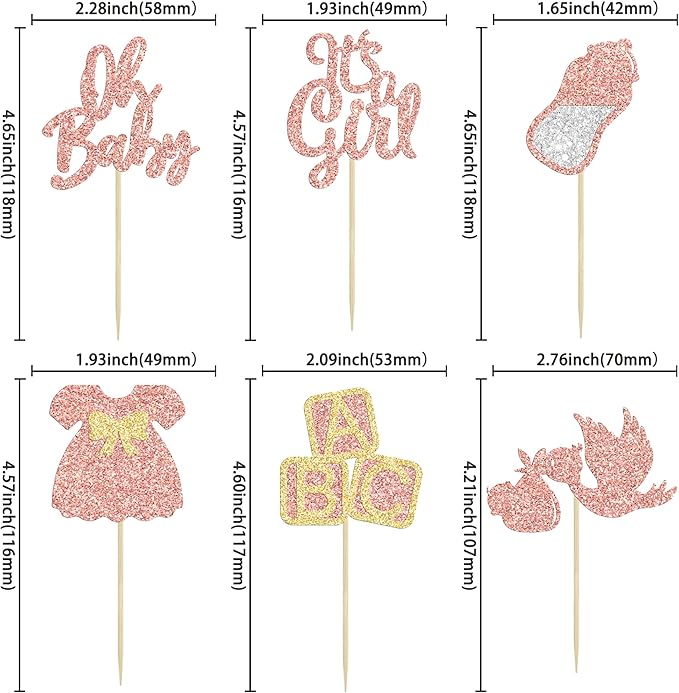 24Pcs Baby Shower Oh Baby Cupcake Toppers Rose Gold Glitter Bow Dress Bottle Swan It's a Girl Cake Picks Decorations for Baby Shower Gender Reveal Girls Birthday Party Supplies