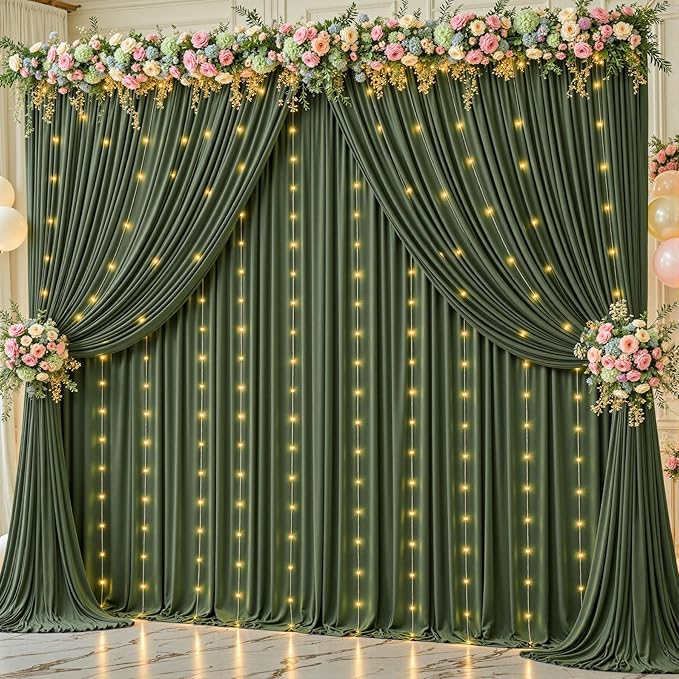 20 x 10ft Hunter Green Backdrop Curtains with Lights String Polyester Photo Backdrop Drapes Wrinkle Free Dark Green Long Curtain for Birthday Party Wedding Reception Baby Shower Ceremony-10 x 5ft x 4P