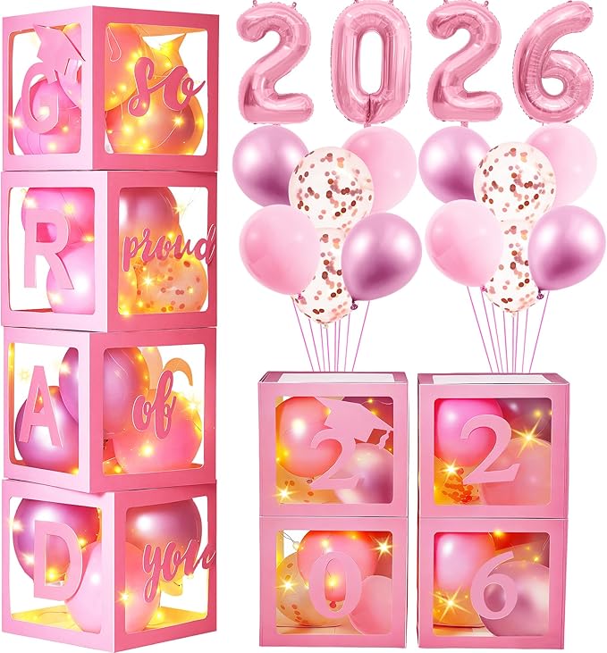 AYGXU Graduation decorations class of 2026 pink- Graduation Decorations, Balloons Box (4PCS) with letters&balloons,2026 balloons,LED String Light,graduation party decorations
