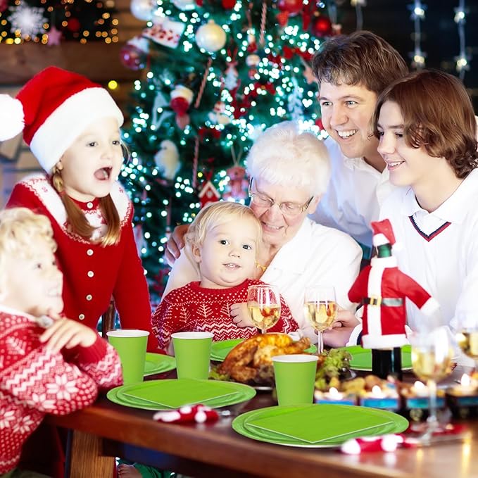 Whaline 100 Pcs Christmas Tableware Set Lime Green Disposable Dinnerware Set 50 Pcs Paper Plates 25 Pcs Napkin 25 Pcs Cups for Xmas Winter Birthday Party Supplies Table Decor