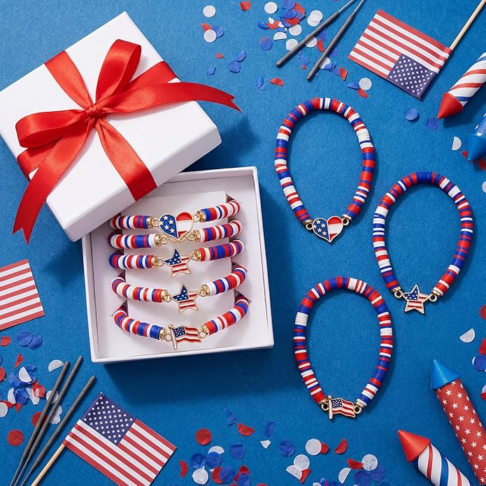 USA Bracelets Bulk 4th of July Accessories Red White and Blue Polymer Clay Beaded Stretch Bracelets for Women USA Jewelry Independence Day 4th of July Patriotic Party Favors Gifts