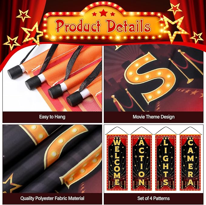 Panelee 4 Pcs Movie Night Porch Banner Movie Themed Party Decorations Theater Welcome Lights Camera Action Front Door Sign Hanging Decoration for Home Photo Film Booth Backdrop Party Supplies