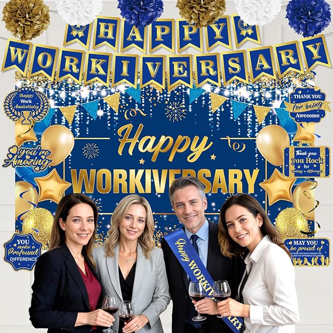 Happy Work Anniversary Decorations Blue Gold Happy Workiversary Banner Honeycomb Centerpieces Hanging Swirls Tissue Paper Pompoms Sash for Men Office Employee Worker Anniversary Appreciation Supplies