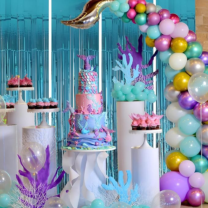 Valentines Day 4 Pack 3.3 * 8.3 ft Foil Curtain Metallic Tinsel Fringe Curtains Photo Booth Props Backdrop for Birthday Wedding Engagement Baby Shower Christmas Holiday Celebration Partyl,Light Blue