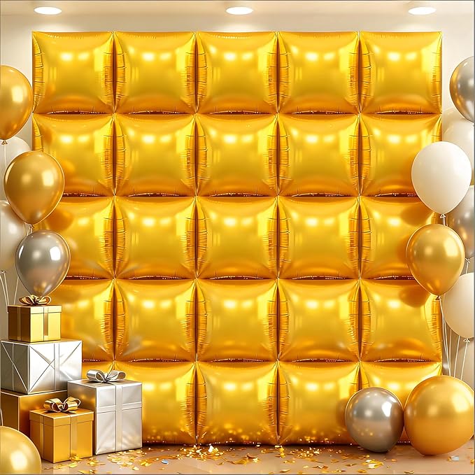 25Pcs Gold Square Foil Balloons Wall Backdrop, Double Sided Metallic Foil Balloons Tunnel Arch Garland Kit for Photo Booth Birthday Wedding Graduation Halloween Party Decorations