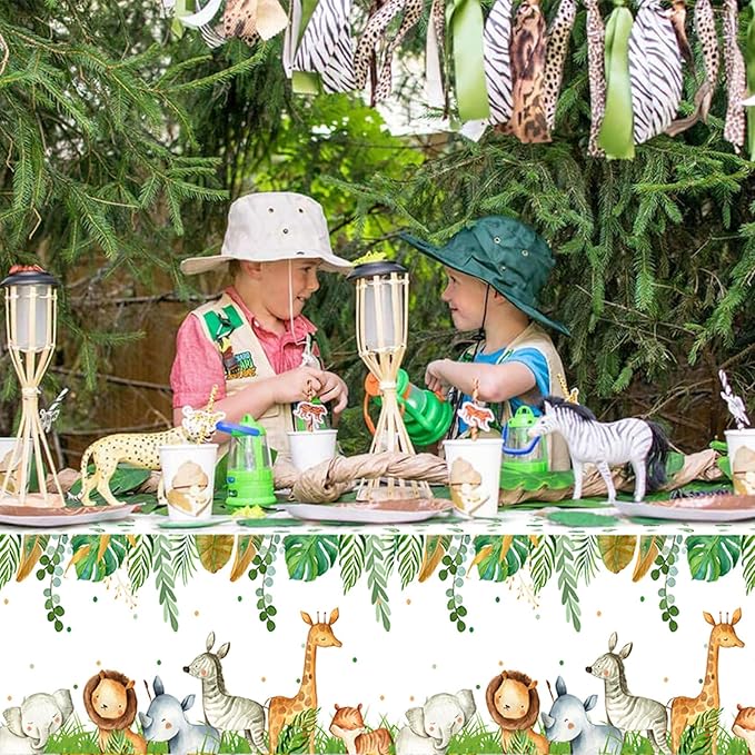 Staraise Jungle Safari Tablecloths,3Pcs Wild Animal Table Cover for Safari Baby Shower Decorations,Boys and Girl Birthday Party Sage Green Theme Party Supplies