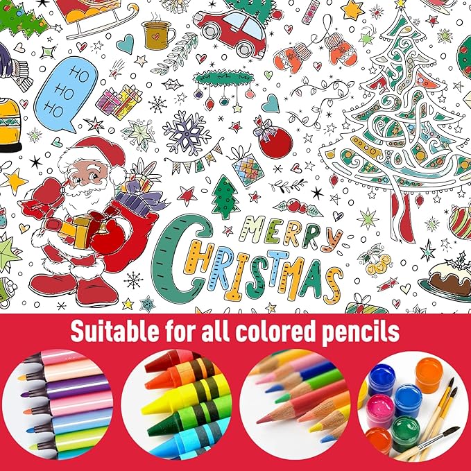 GWHOLE Christmas Coloring Tablecloth, Christmas Crafts for Kids 40 x 28 Inch Coloring Poster Table Cloth for Kids Eve Party Suplies