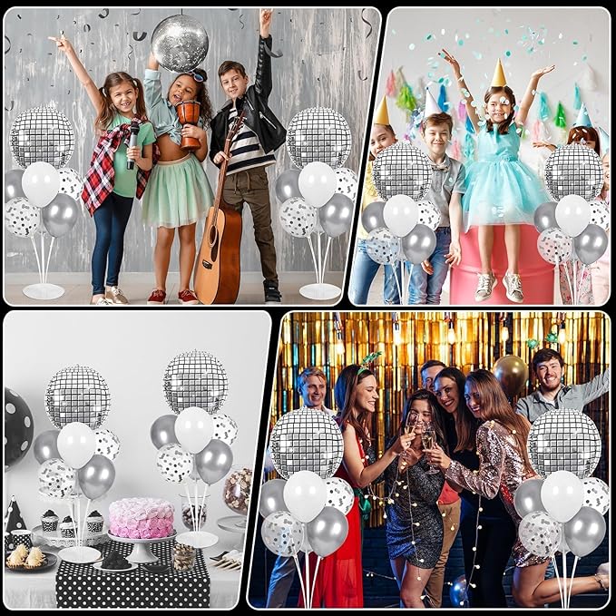 4 Sets Prom Silver Disco Ball Party Balloons Stand Kit with 4 Metallic Ball Foil Balloons Disco Themed Balloon 70s 80s 90s Dance Party Balloon Centerpiece for Tables Birthday Baby Shower Decorations