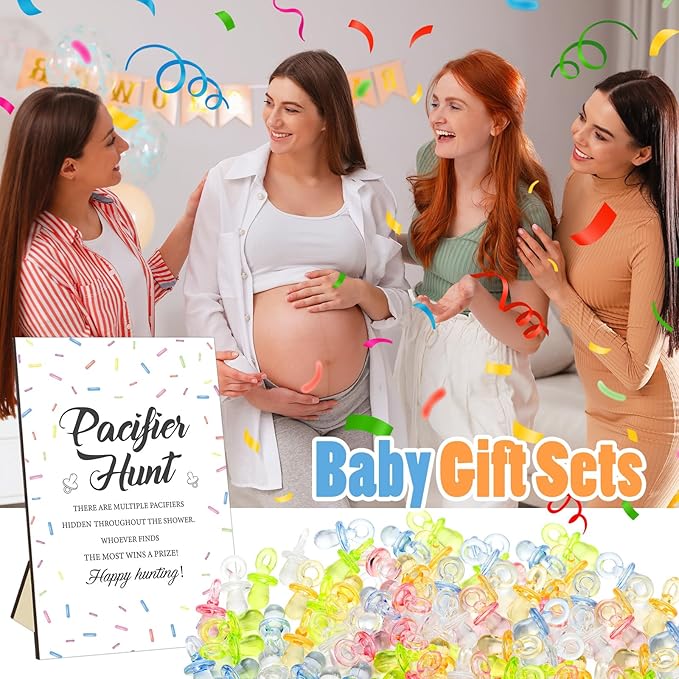 Thyle 51 Pcs Confetti Sprinkle Baby Shower Games It's a Baby Sprinkle Party Decoration Pacifier Hunt Sign and 50 Acrylic Pacifiers Rainbow Confetti Sweet Donut Gender Reveal Party Decor