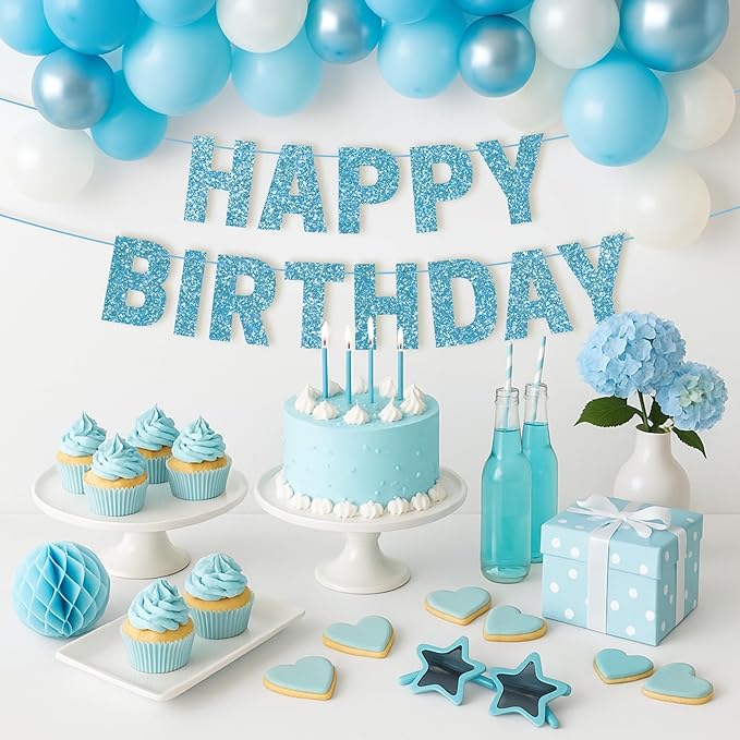 Pre-strung Happy Birthday Banner - No DIY - Light Blue Glitter Happy Birthday Party Banner for Boys & Girls - Pre-strung on 8 ft Strands - Blue Bday Party Decorations & Decor. Did We Mention No DIY