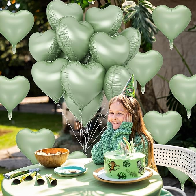 Sage Green Heart Foil Balloon, 10PCS Olive Green Heart Helium Balloons, Light Green Heart Shaped Foil Balloons for Jungle Safari Party Birthday Graduation Garden Wedding Baby Shower Party Decorations
