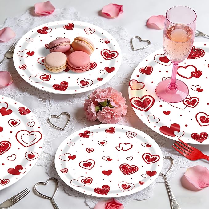 96 Pieces Valentines Day Love Plates and Napkins Party Supplies, Red Heart Disposable Tableware with Paper Plates Napkins and Forks for Valentine Day, Wedding Anniversary Party Favors - Serves 24
