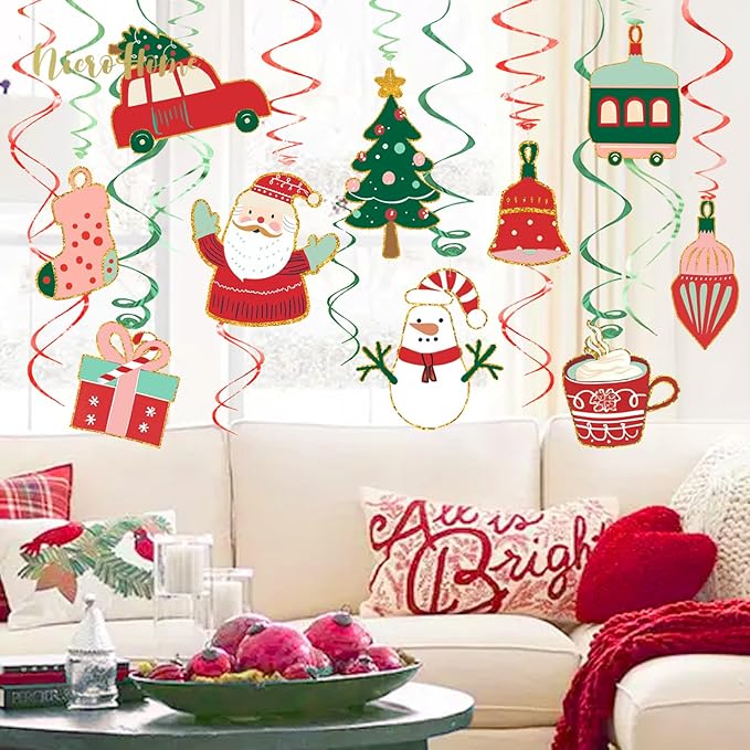 Christmas Decorations, 30 PCS Hanging Swirls Ceiling Decorations with Santa Claus, Snowman, Christmas Tree and Stocking Elements for Xmas Holiday Party Supplies