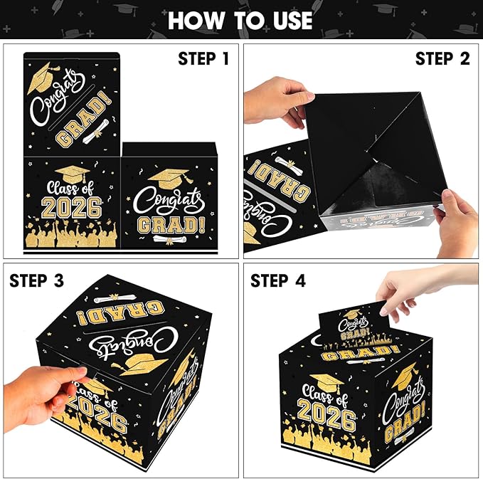Graduation Card Box 2026 - Congrats Grad Card Boxes Holder, Black and Gold Class of 2026 Gift Cards Box for Graduation Decorations 2026 Favors Party Decor Supplies Props, 9x 9 x 9 inches