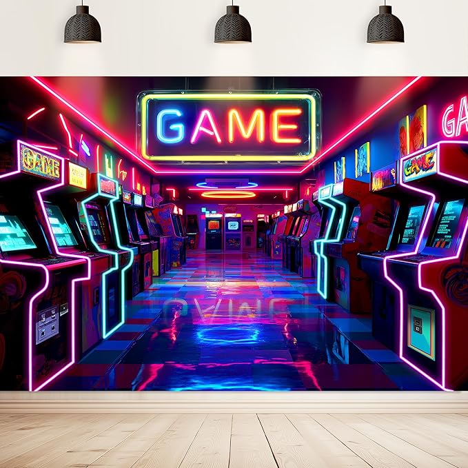 Imirell Arcade Game Neon Backdrop 5Wx3H Feet Colorful Retro Gaming Gamer Themed Modern Video Game Room Playroom Cool Polyester Fabric Boys Photography Backgrounds Photo Shoot Decor Props Decoration