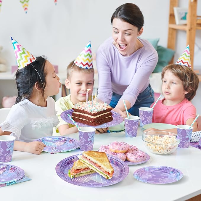 Purple Mermaid Party Tableware Supplies, 168PCS Mermaid Plates Napkins Cups and Purple Cutlery Set, 24 Set Mermaid Disposable Dinnerware Set for Birthday Party Decorations
