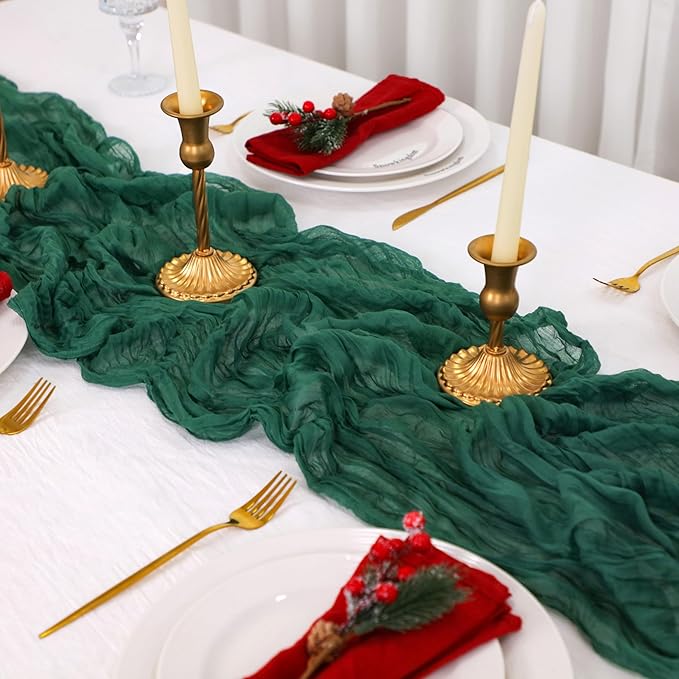 Snowkingdom Emerald Green Table Runner 120 Inch 10 Ft Rustic Boho Dark Green Cheese Cloth Runner for Wedding Bridal Baby Shower Birthday Party Christmas Sheer Gauze Home Table Centerpiece Deocrations