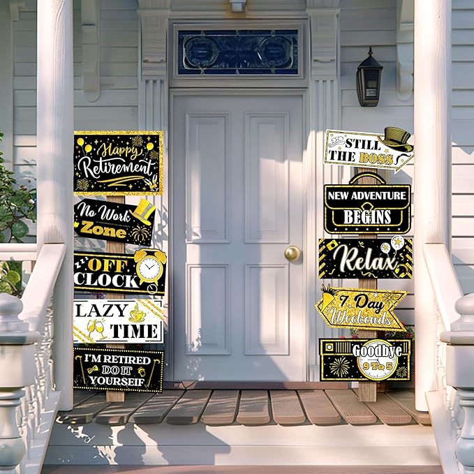 Hooqict Retirement Party Decorations 20 Pieces Happy Retirement Party Signs for Black and Gold Retirement Theme Party Decor Directional Banner Sign Retirement Birthday Party Supplies