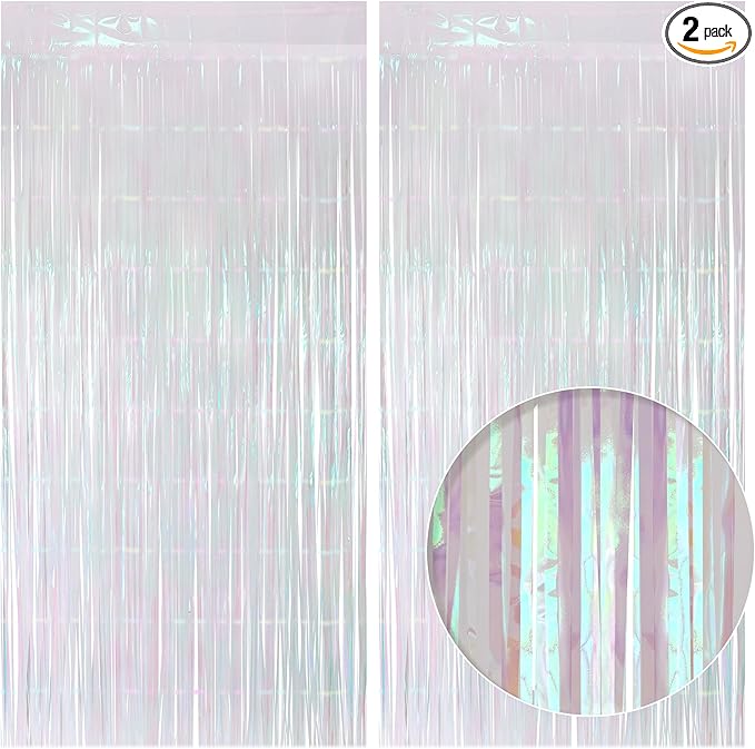 2 Pack White Iridescent Streamers Backdrop, 3.3x6.6ft Foil Fringe Curtains Silver Holographic Door Tinsel Streamers for Birthday, Wedding, Holiday, Bachelorette, Theme Party Decorations