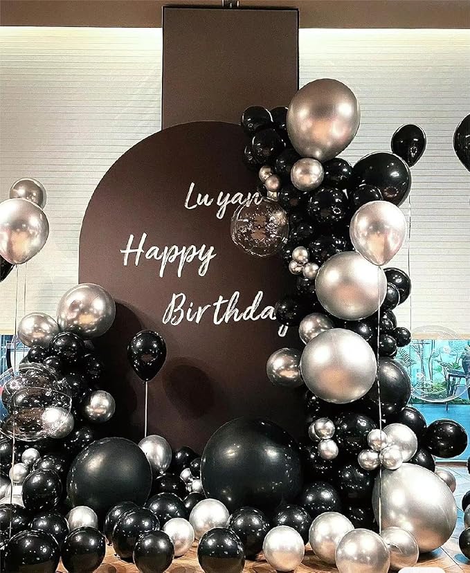 Black Silver Balloons Garland Arch Kit, 146Pcs Latex Balloons Different Sizes 18 12 10 5 Inch for Party Decorations, Wedding Backdrop, Birthday, Graduation