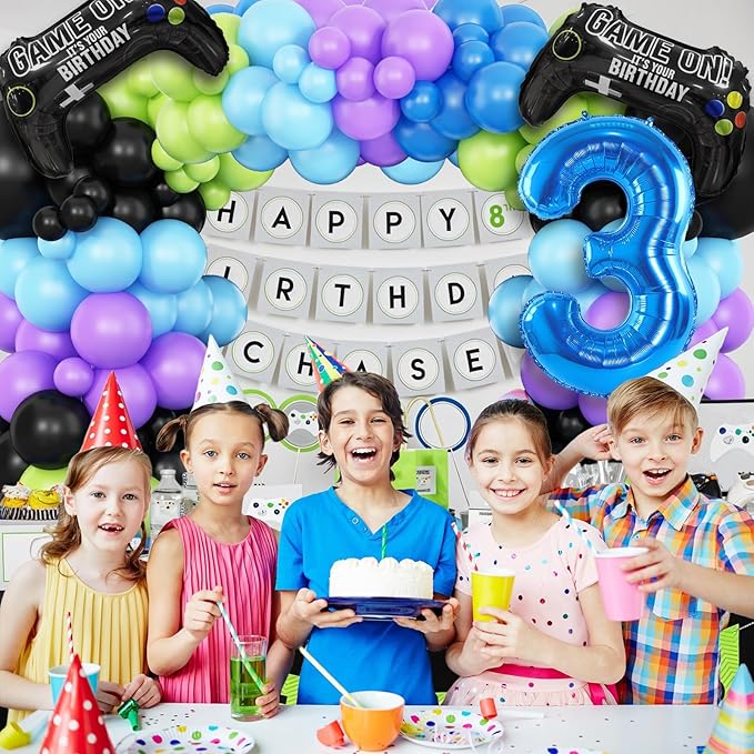 3th Birthday Video Game Balloons Arch, 3th Game Party Balloons Garland Kit 3th Game Birthday Supplies with Blue Number 3 Balloon for 3 Year Old Teens Boys Birthday Decor