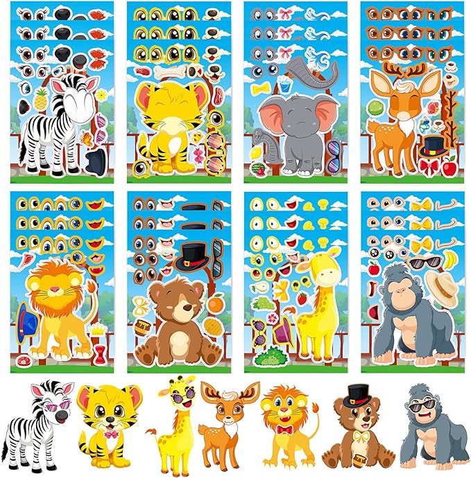 24 Sheets Safari Animals Make a Face Sticker Sheets for Kids Todders Activities, Make Your Own Stickers for Kids Birthday Party Favor Supplies Craft